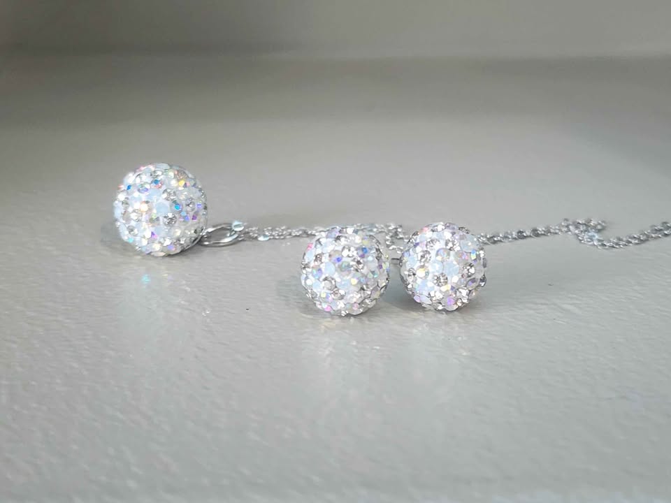 Snowball Crystal Ball Set | 10mm Earrings + 12mm Pendant Necklace (20") - Image 2