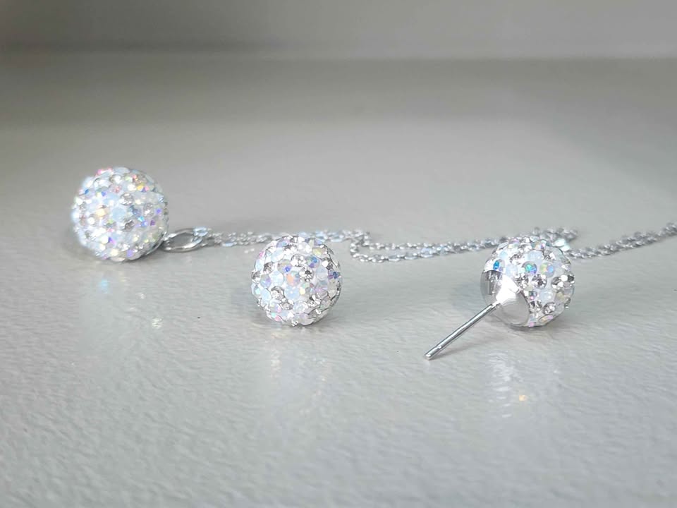 Snowball Crystal Ball Set | 10mm Earrings + 12mm Pendant Necklace (20")